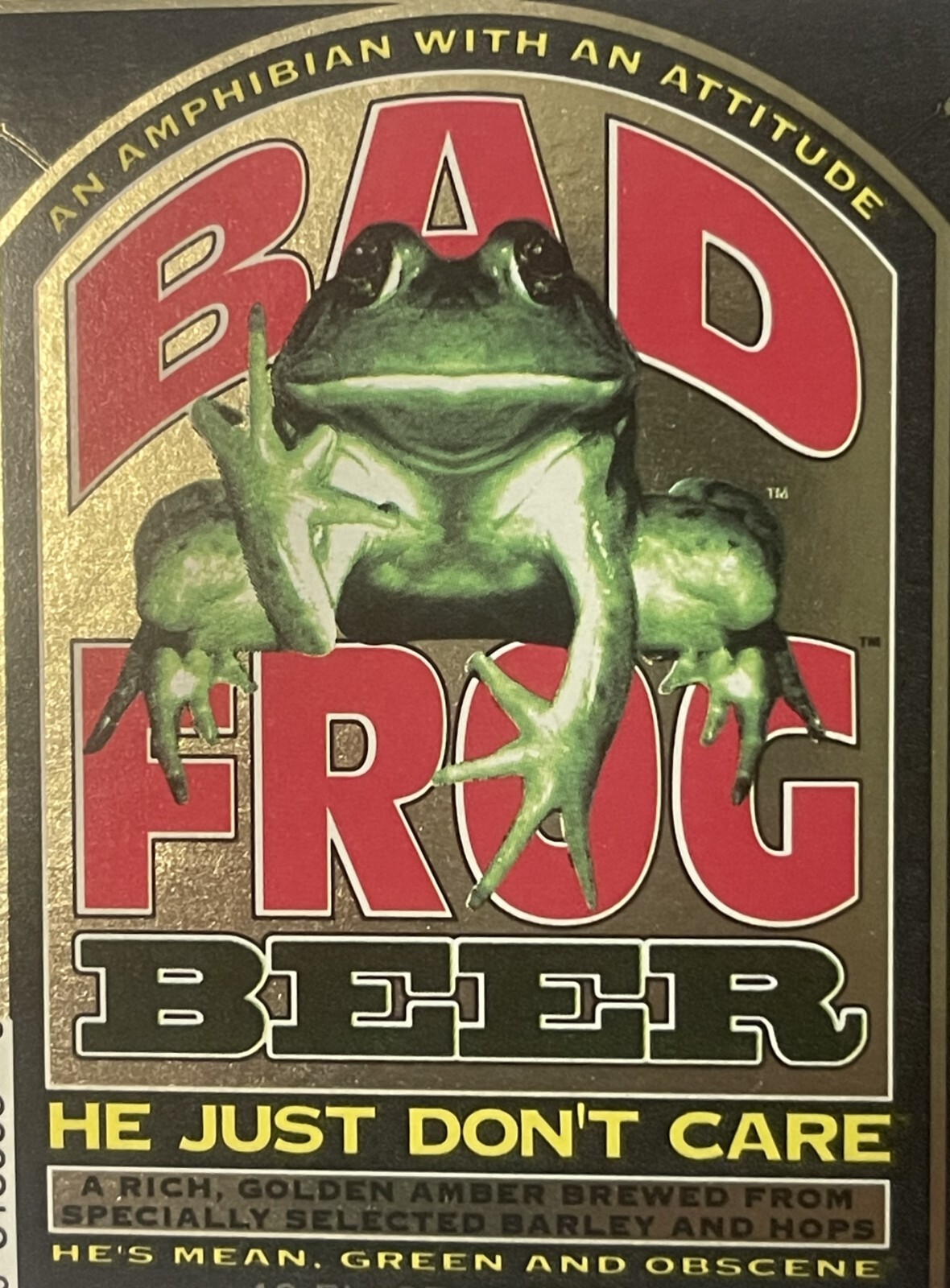 Vintage 1990s Bad Frog Beer Label 🐸 Banned in 8 States NOS Frankenmuth MI