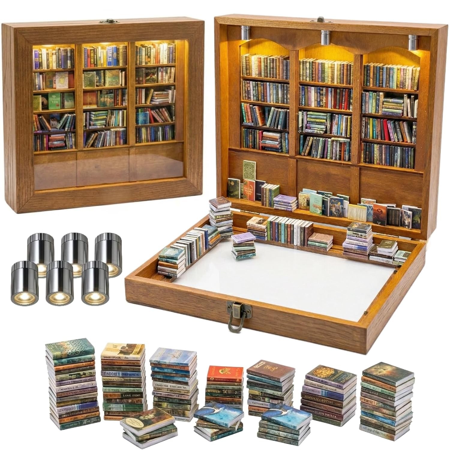 Miniature Anxiety Bookshelf with 6 Decorative Mini Lights and 400 Mini Book