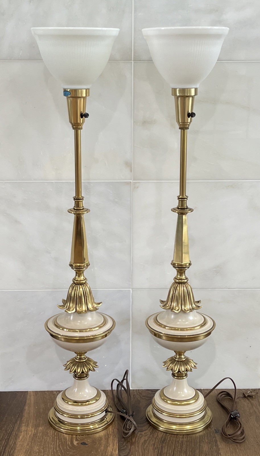 Pair Vintage Stiffel Torchiere Table Lamps Brass & Enamel Hollywood Regency MCM