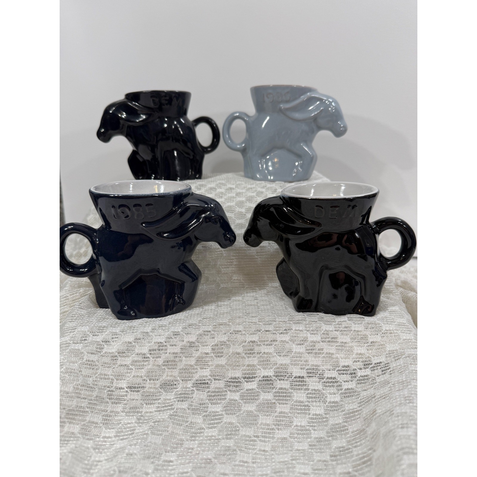 Vintage Frankoma Pottery Democratic Donkey Mugs 1985 1986 Set of 4 Mulicolor