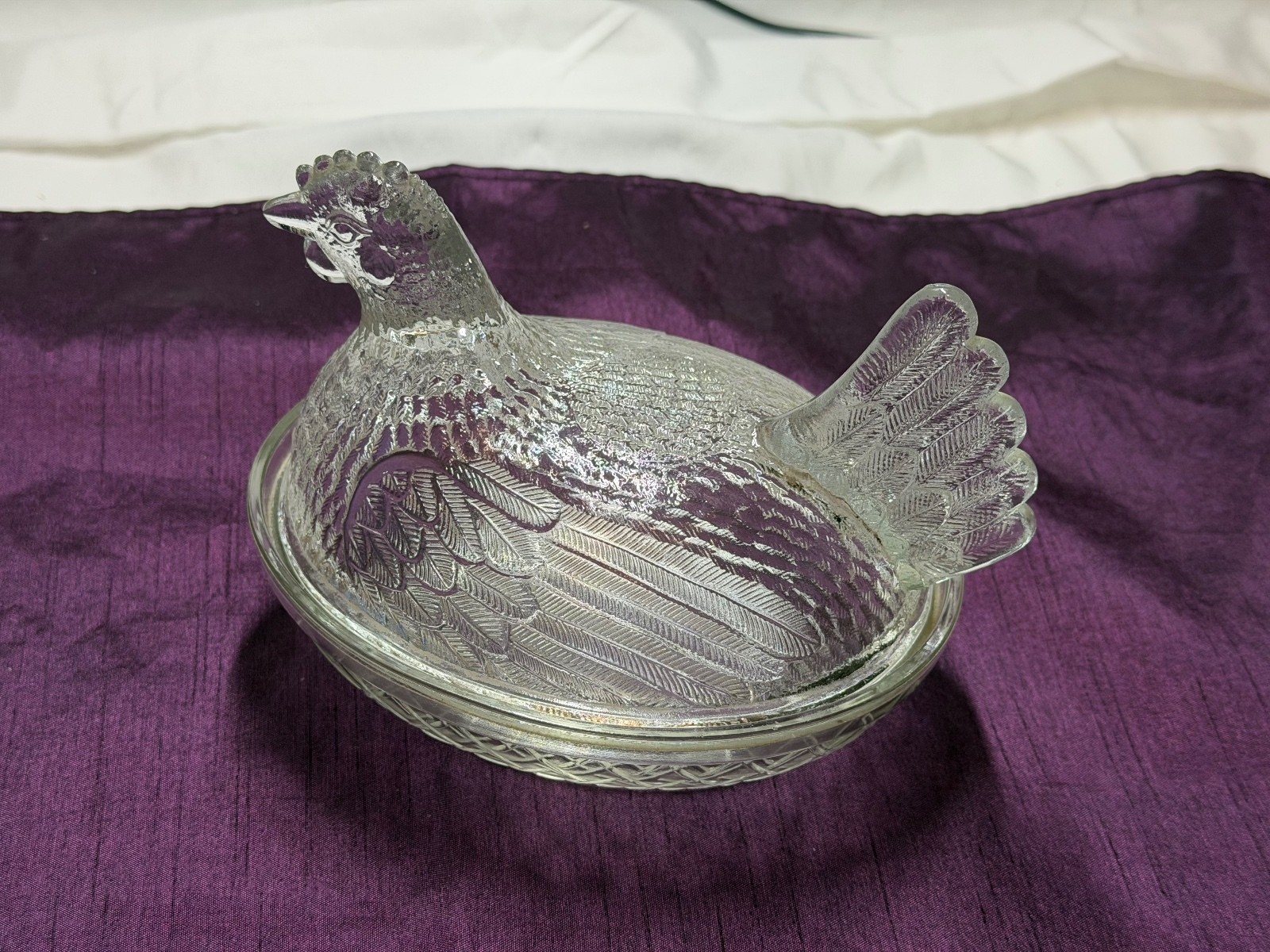 Vintage Indiana Glass Clear Hen On Hocking Glass Crosshatch Nest Covered Dish