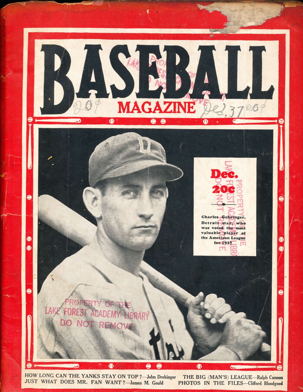 December 1937 Baseball Magazine Charles Gehringer Detroit tigers gd