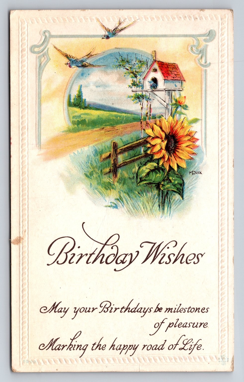 1913 Birthday Wishes Embossed Postcard Sunflower Birdhouse Williamston MI