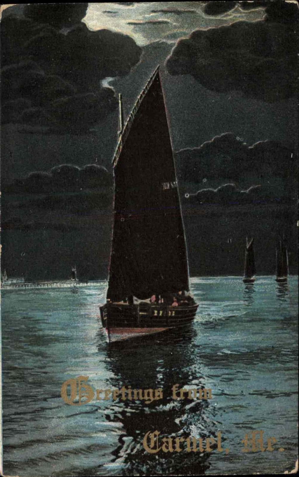 Carmel ME Maine Sailboat Night Scene Moonlight c1900-20s Vintage Postcard