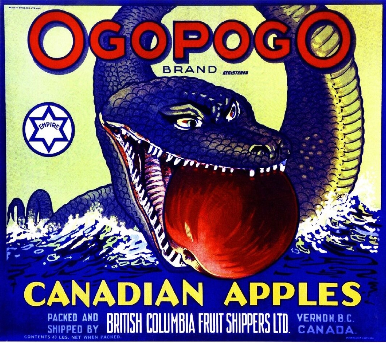 Ogopogo Brand Apples Vernon B.C. Canada Serpent Apple Fruit Crate Label Print