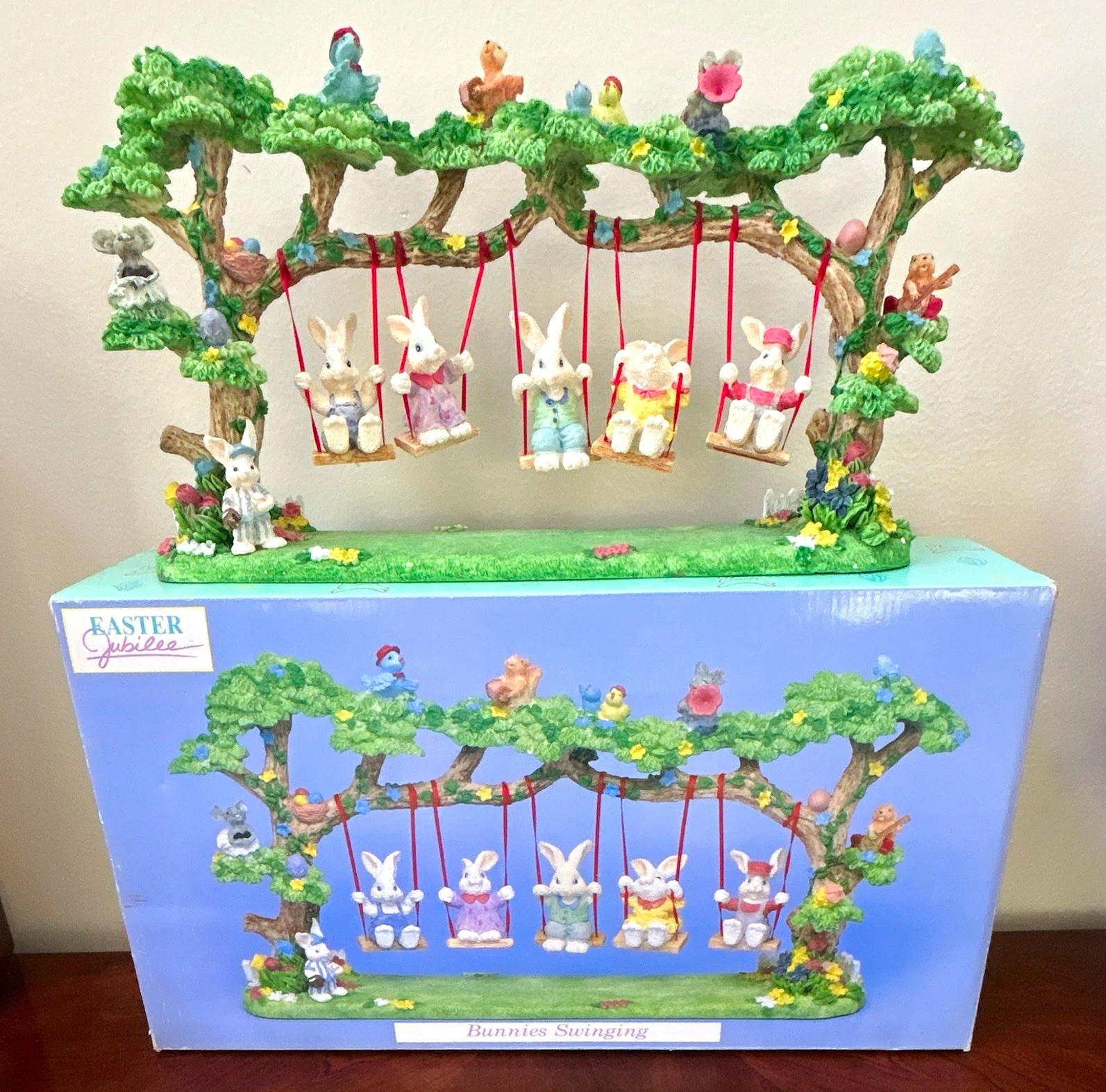 VTG Easter Jubilee Swinging Bunnies & Friends Figurine Boxed Painted Resin NIB