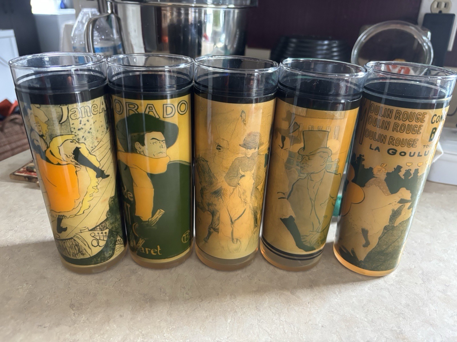 Vintage Barware Highball Glasses Featuring Toulouse-Lautrec Prints