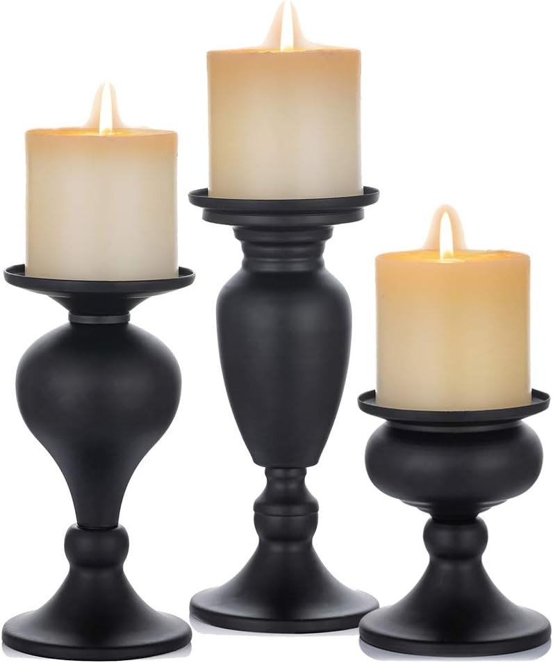 Candle Holders Set of 3 Black Metal Pillar Candlestick Vintage Decor