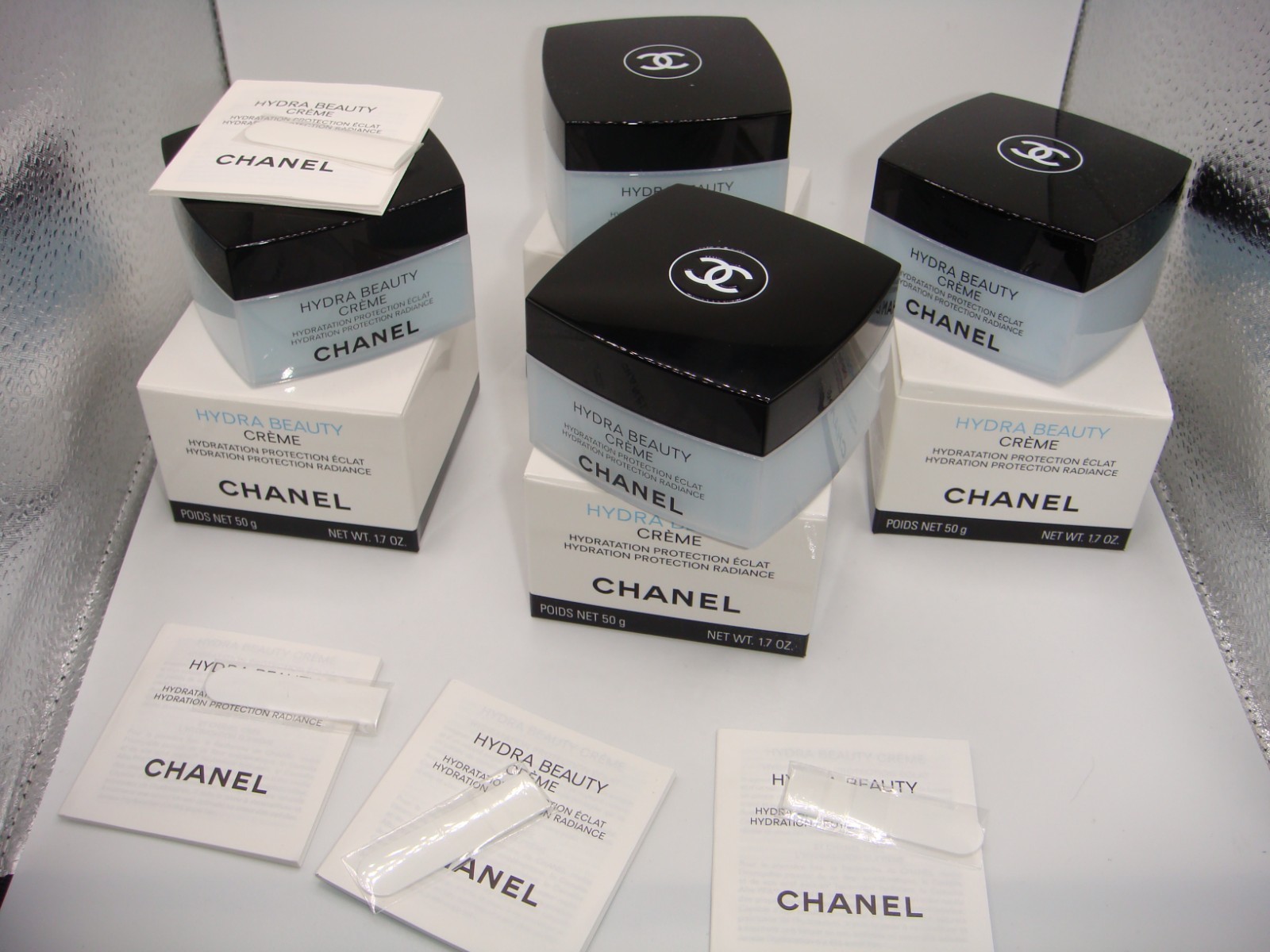 LOT OF TWO CHANEL HYDRA BEAUTY CREAM EMPTY JARS WITH BOXES PAPERS LOT OF TWO CHANEL HYDRA BEAUTY CREAM EMPTY JARS WITH BOXES PAPERS