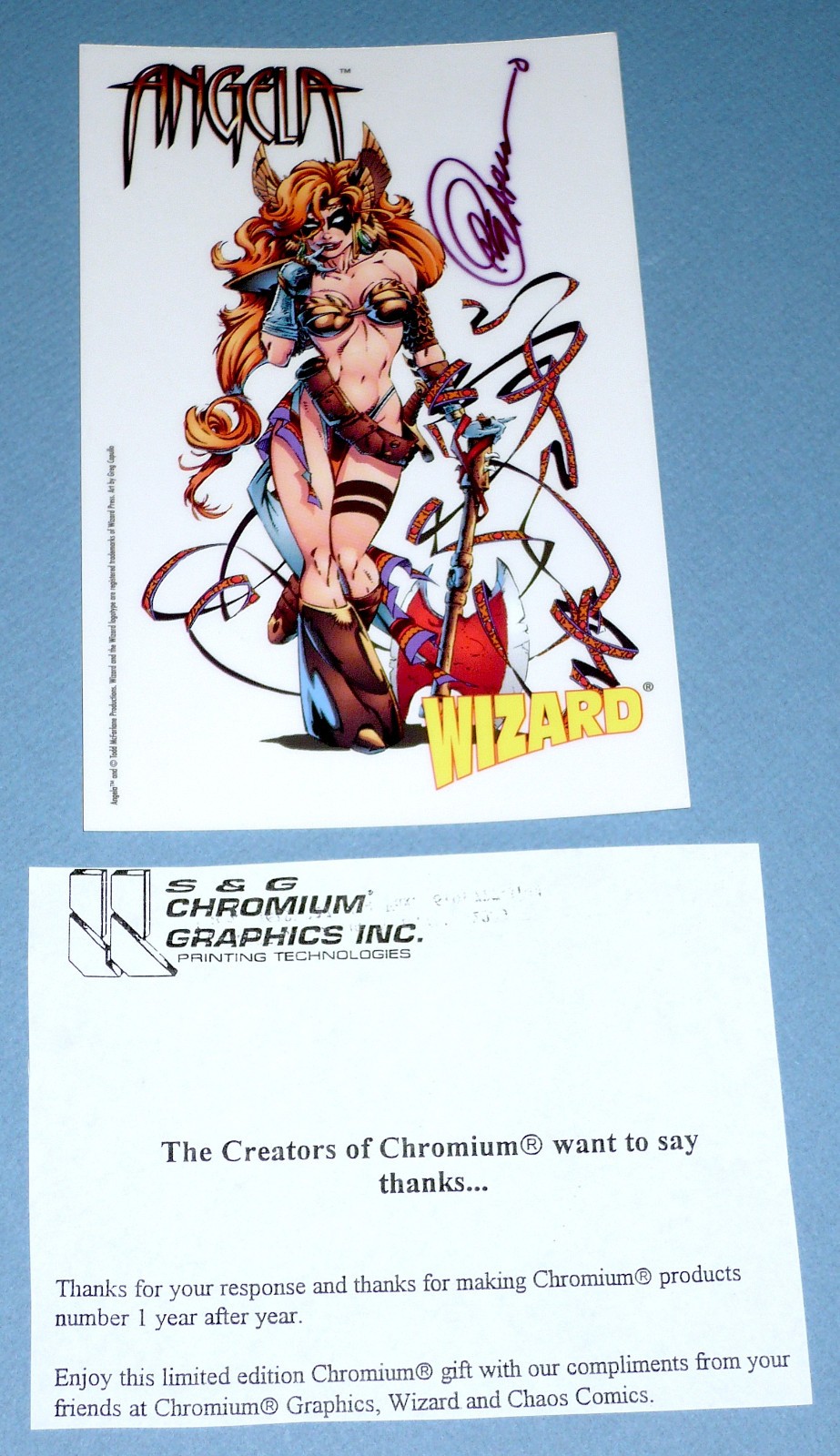 Angela Wizard Acetate Sticker, Greg Capullo art & signed w/letter, Ultra rare