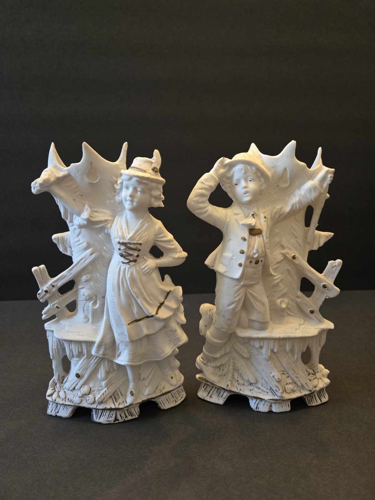 Antique Carl Schneider German Bisque Porcelain Figural Spill Vases Matched Pair