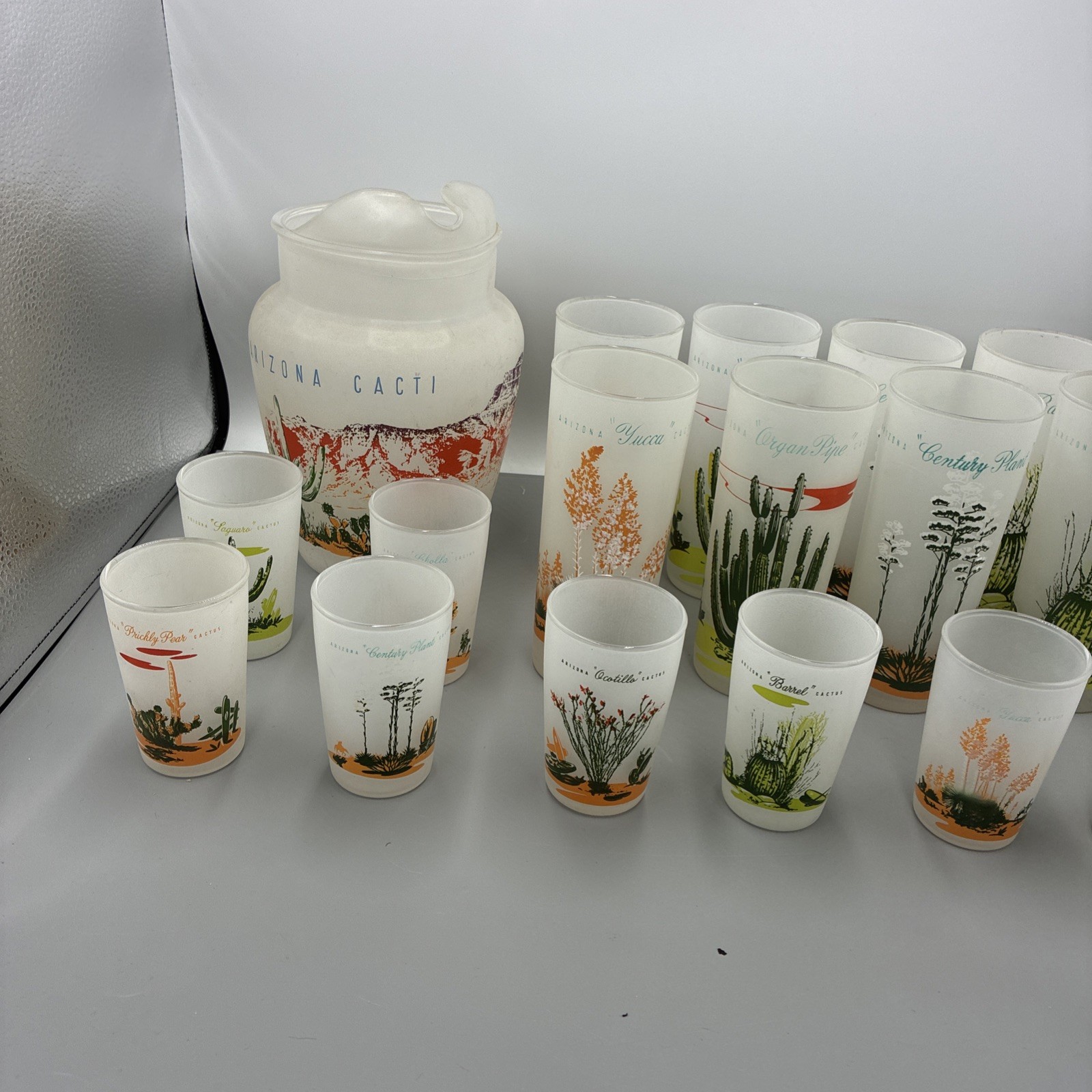Vintage Blakely Oil & Gas Arizona Cacti Pitcher & 8 Tumblers 8 Juice VTG 1950s