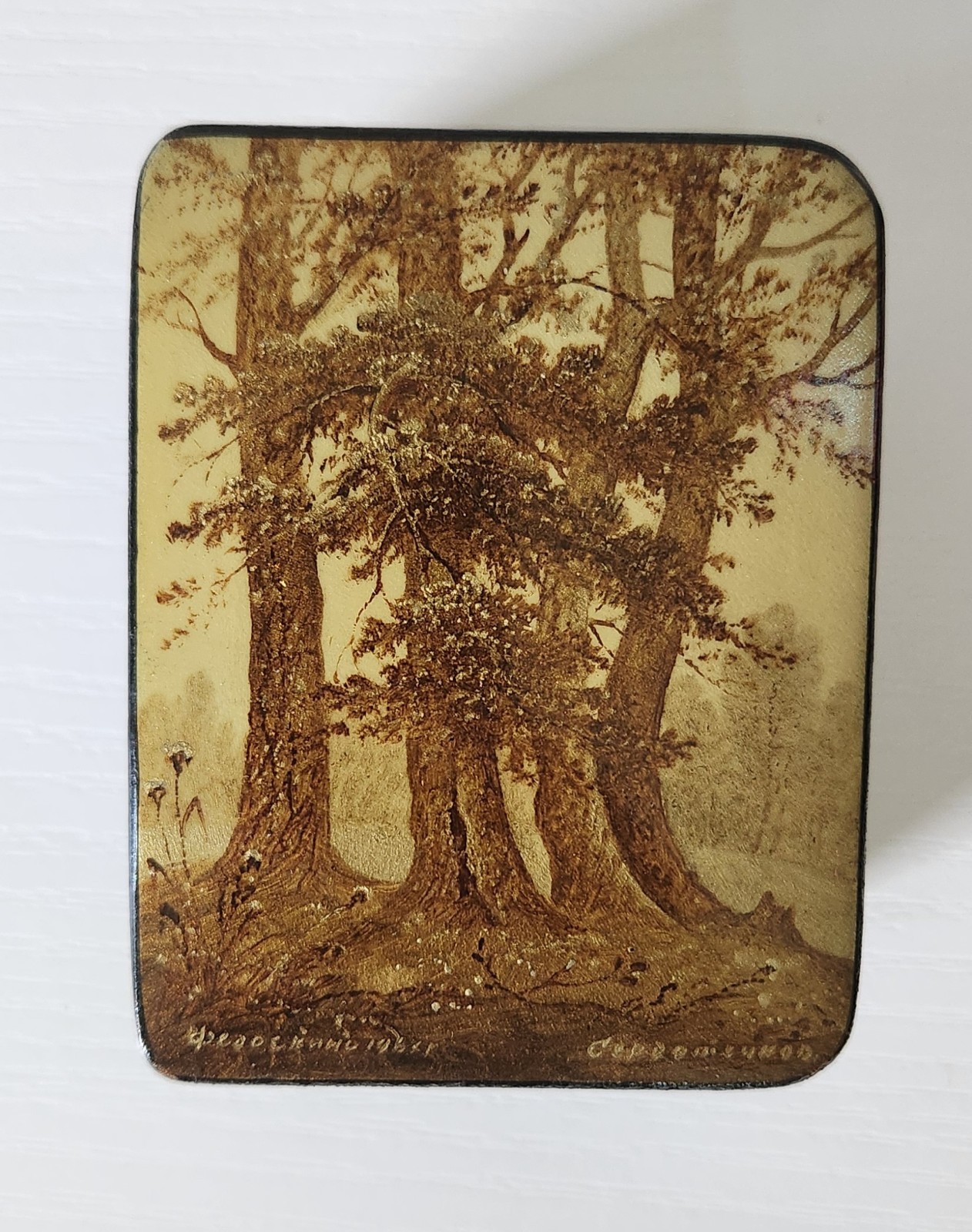 Vintage Fedoskino Russian Lacquer Box Oak Grove #1417 Hand Painted w/ Papers