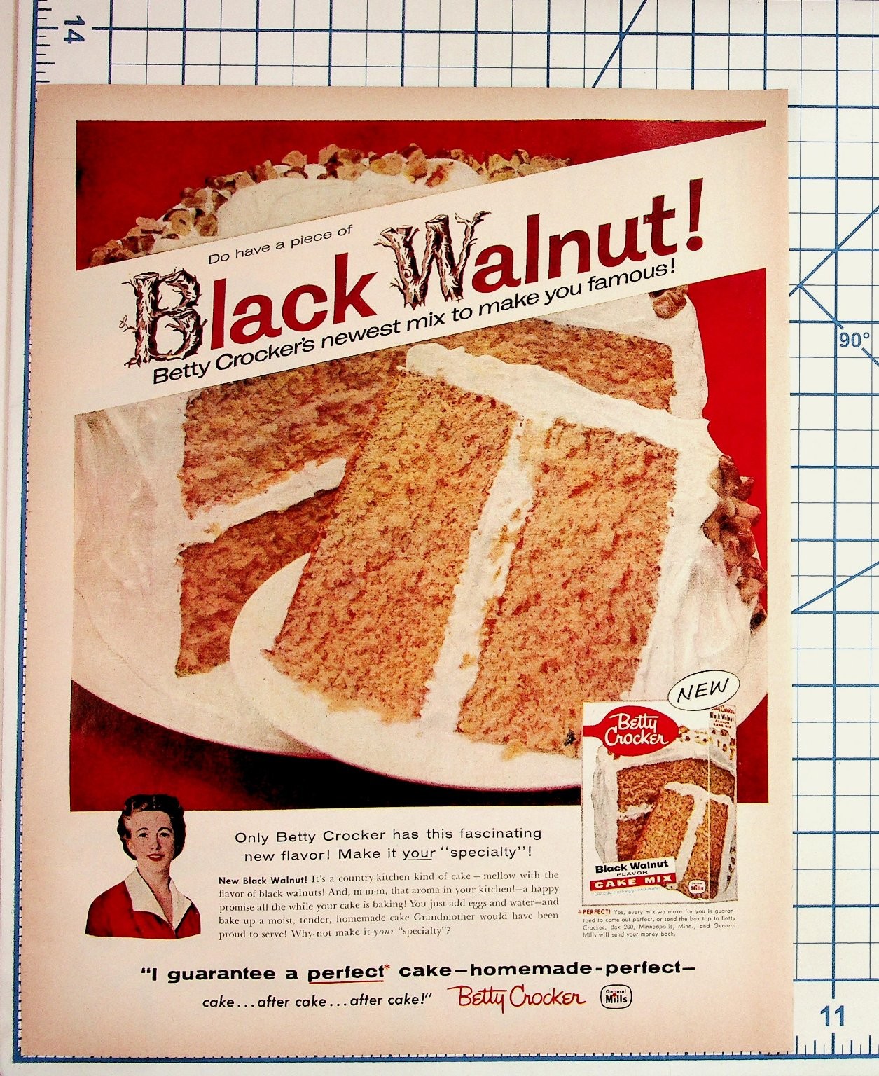 Vintage Betty Crocker Black Walnut Cake Mix Magazine Ad 1950s Recipe Kitchen