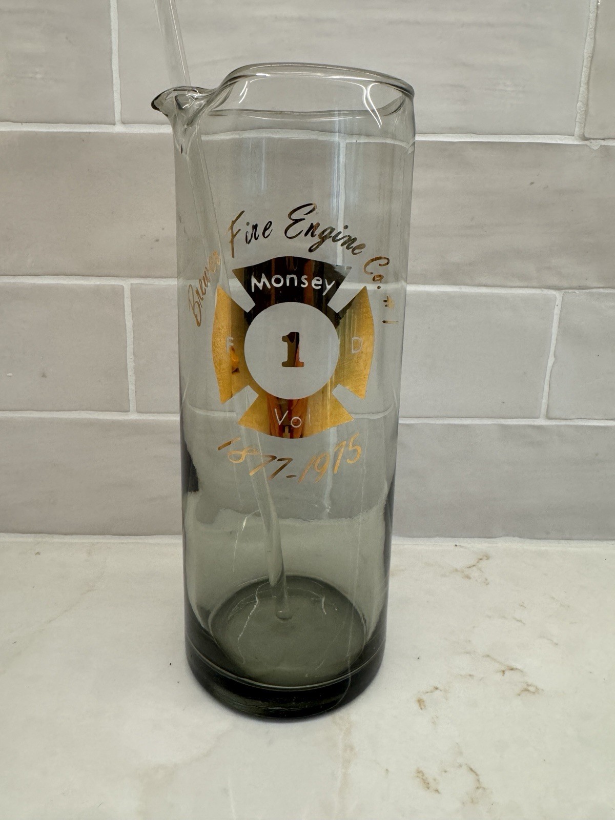 Vintage Martini Cocktail Glass Pitcher and Stirrer Brewer Fire, Monsey, NY Co. 1