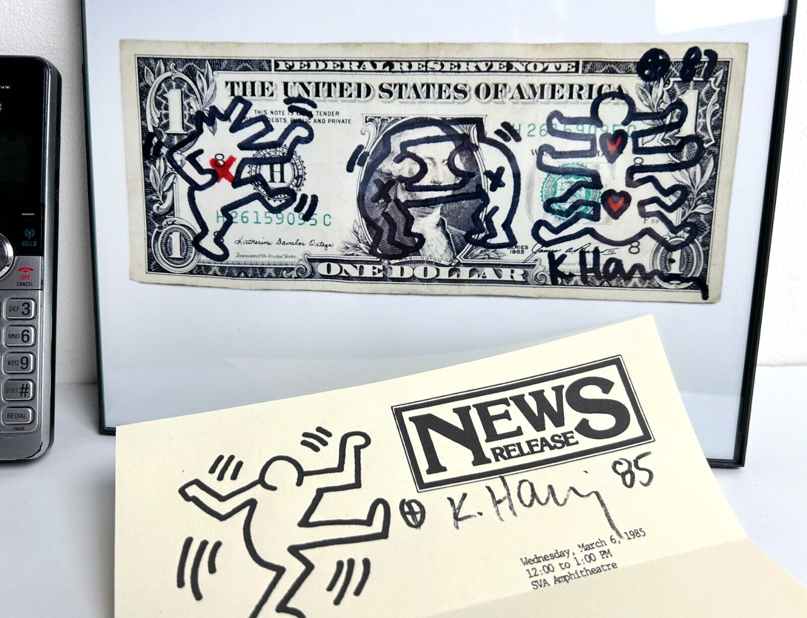 KEITH HARING - Signed Dollar Bill  1987 w/ Signed Flyer 1985 two  Red Hearts