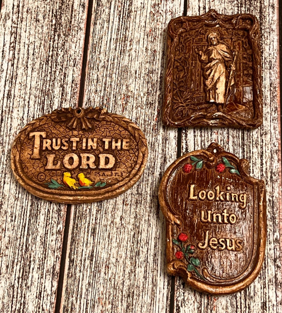 Vintage  - Jesus Religious Mini Wall Plaques Faux Wood Plaster Chalkware 1950\'s