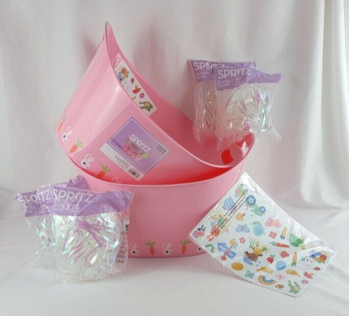 NEW 2 Spritz Jumbo Oval Pink Easter Basket Buckets w/Stickers & Iridescent Grass NEW 2 Spritz Jumbo Oval Pink Easter Basket Buckets w/Stickers & Iridescent Grass