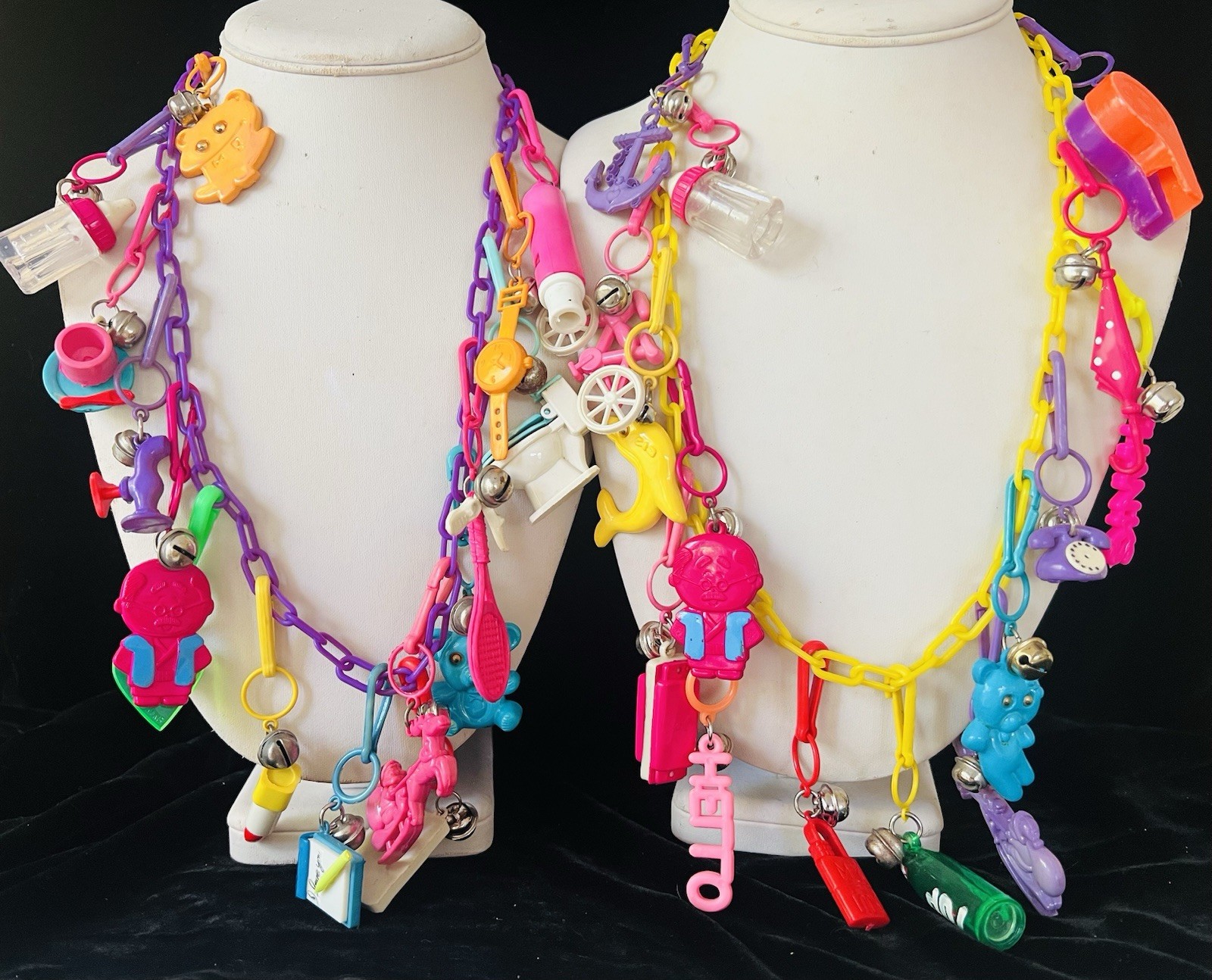 Retro 1980s Plastic Bell Clip On Vintage 80's Charm 2 Necklaces with 30 Charms Retro 1980s Plastic Bell Clip On Vintage 80's Charm 2 Necklaces with 30 Charms