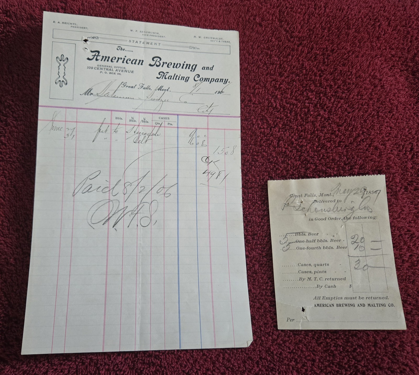 Vintage American Brewing & Malting Company Invoices Great Falls Montana Brewery