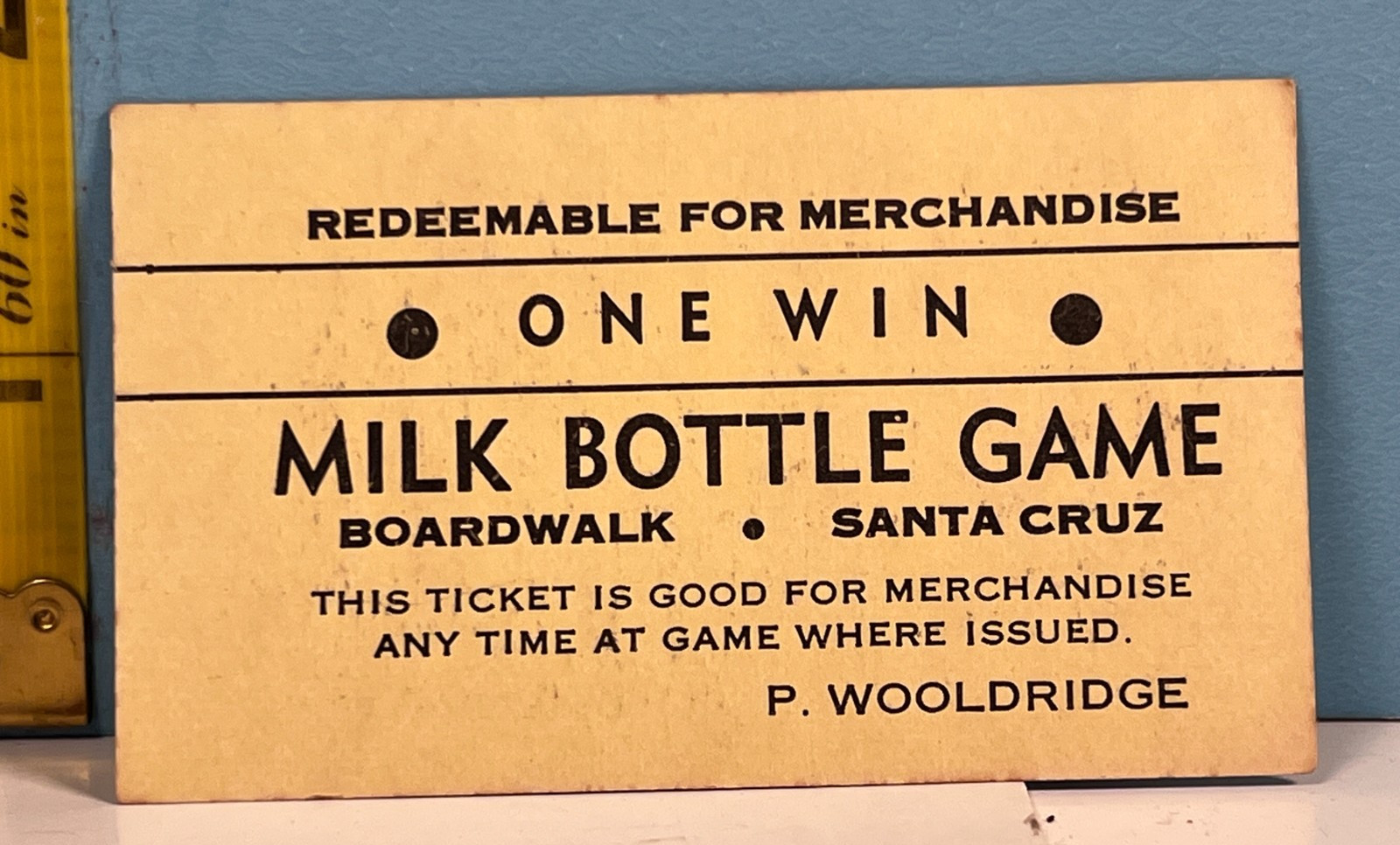 Vintage Amusement Park Ticket Santa Cruz Boardwalk Milk Bottle Game P Wooldridge