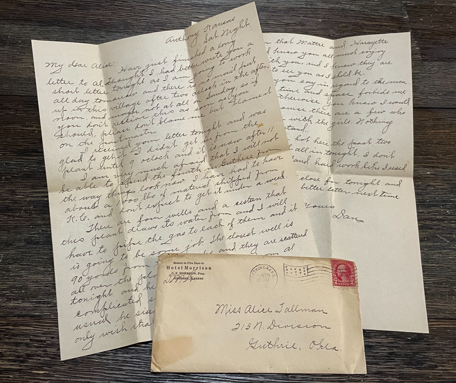 1924 Love Letter Anthony Kansas Hotel Morrison Traveling Water Plant Engineer