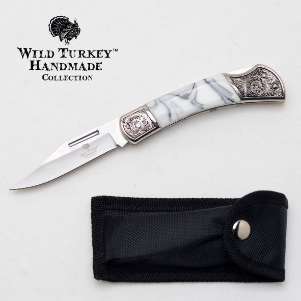 Wild Turkey Handmade Lock Back Manual Folding Knife-White Resin Handle + Case