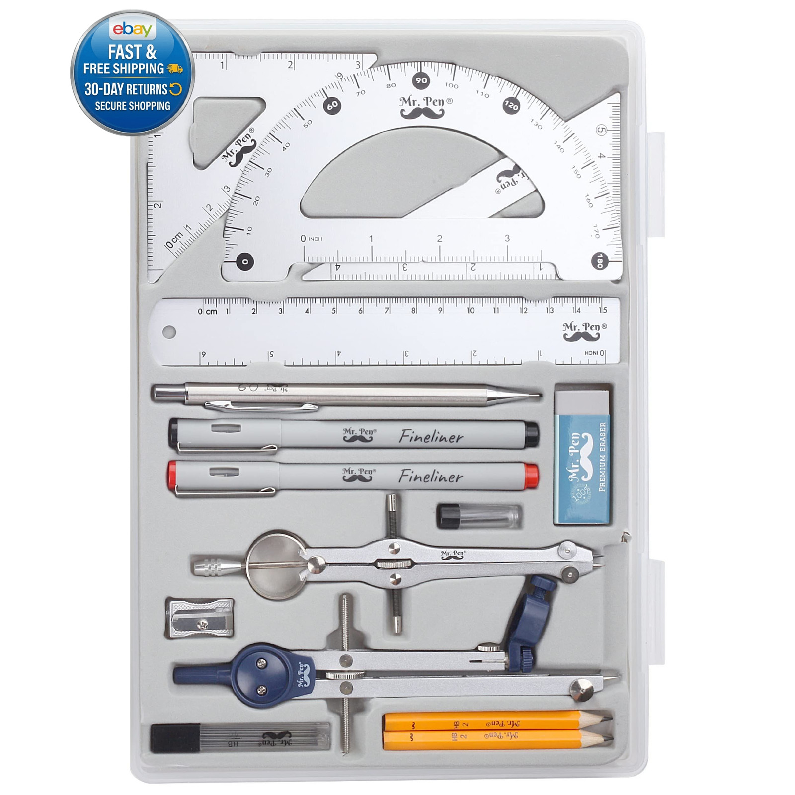Professional Geometry Set, 15 pcs, Drafting Tools 6 inches, Silver