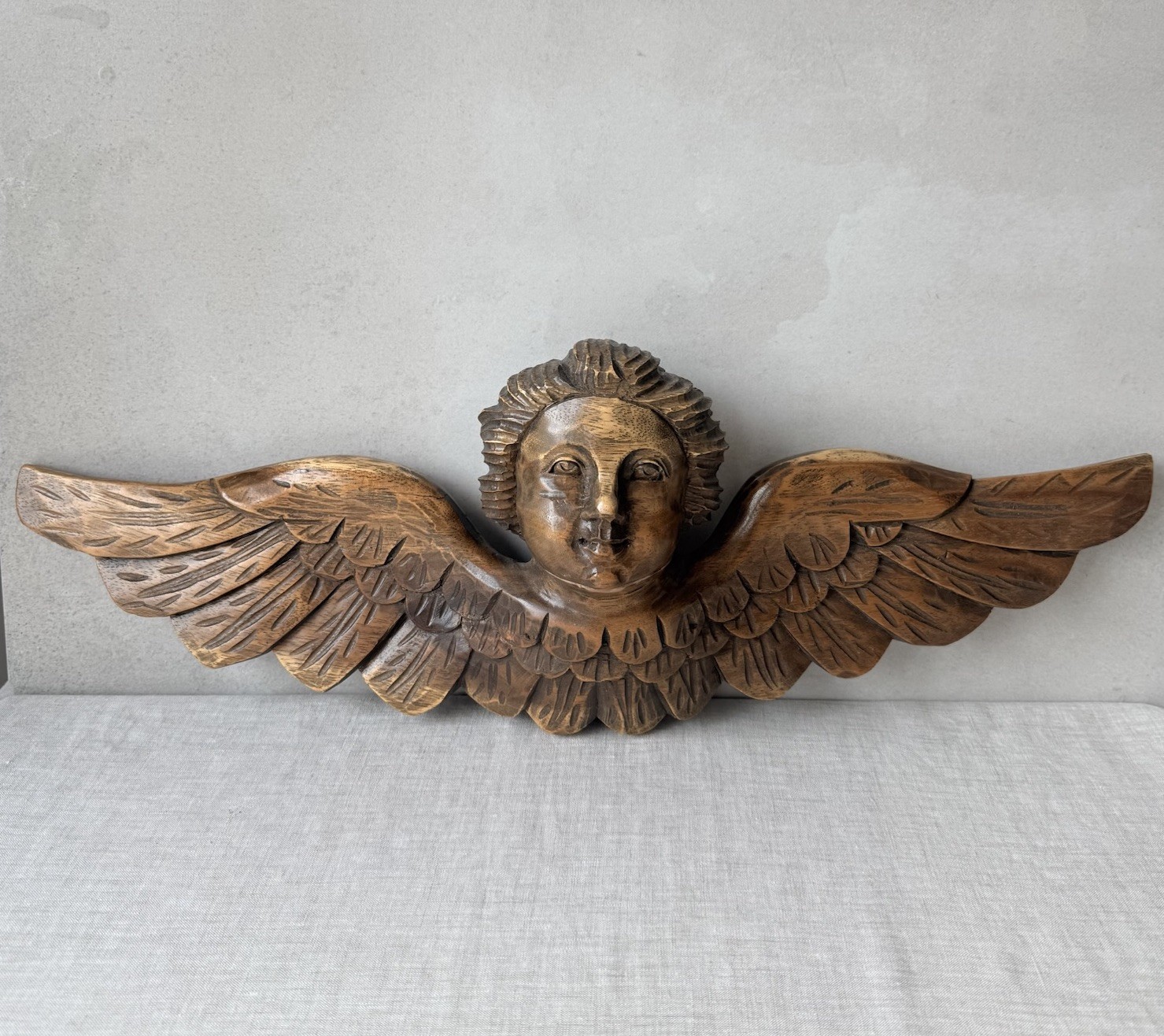 Vintage Hand Carved Wood Cherub Angel Wall Plaque Spanish Colonial Style 22”L