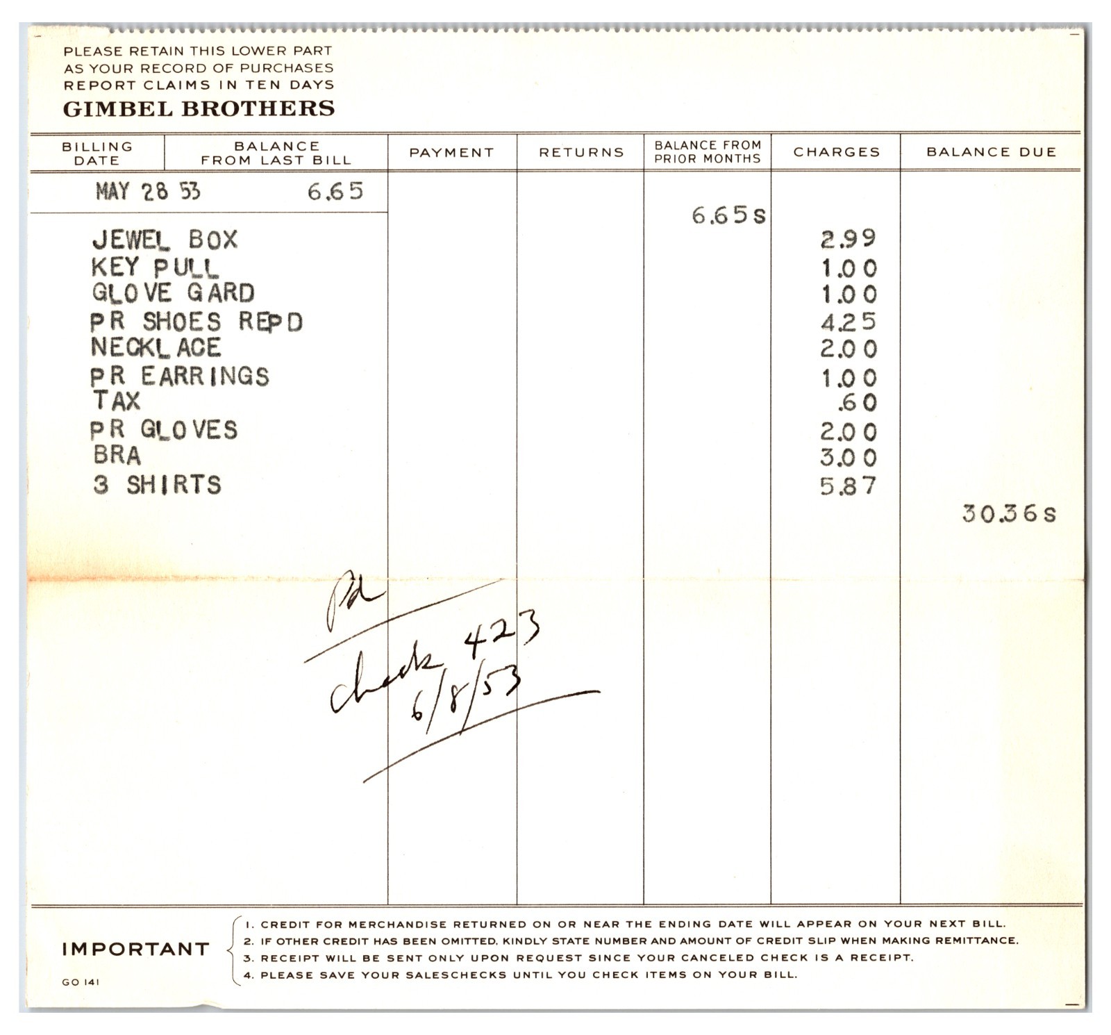 Original 1953 Gimbels Department Store Receipt - (Pittsburgh, PA)