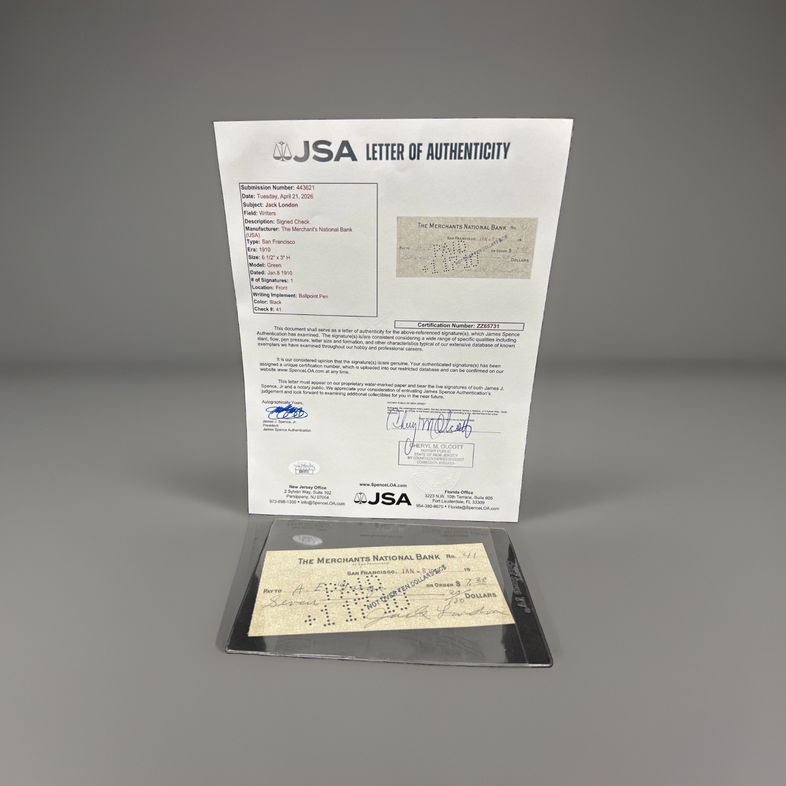 Jack London Signed Check 1910 JSA LOA Autograph Merchants National Bank Vintage