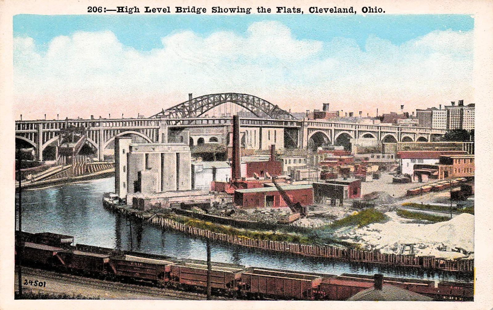 Cleveland Ohio Detroit Superior Bridge The Flats Skyline Train Vtg Postcard I23