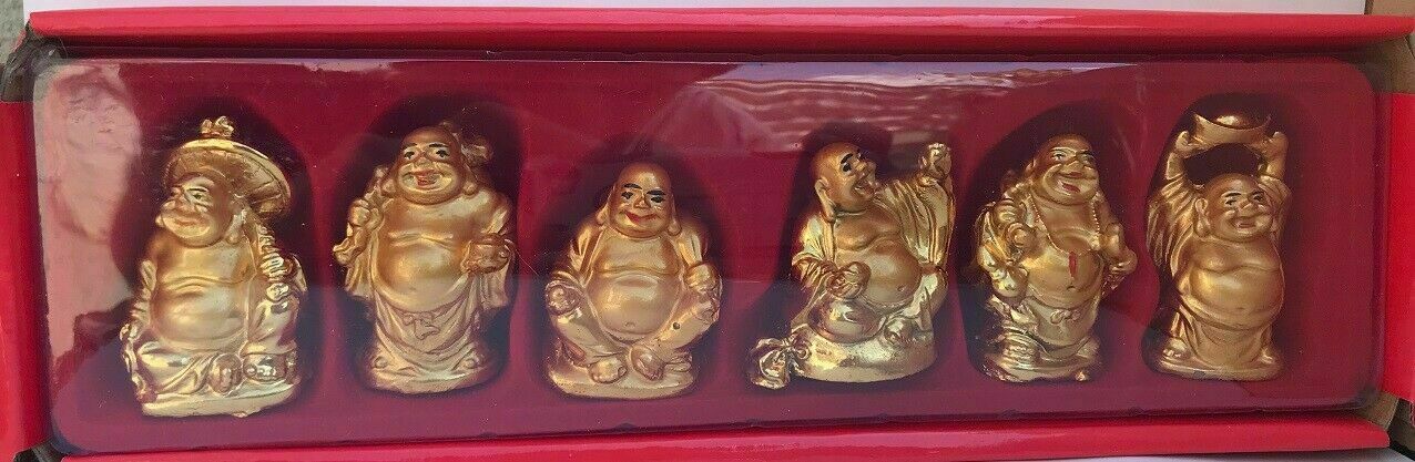 Set of 6 gold Feng Shui Laughing HAPPY Buddha Figures & Statue Luck 2\
