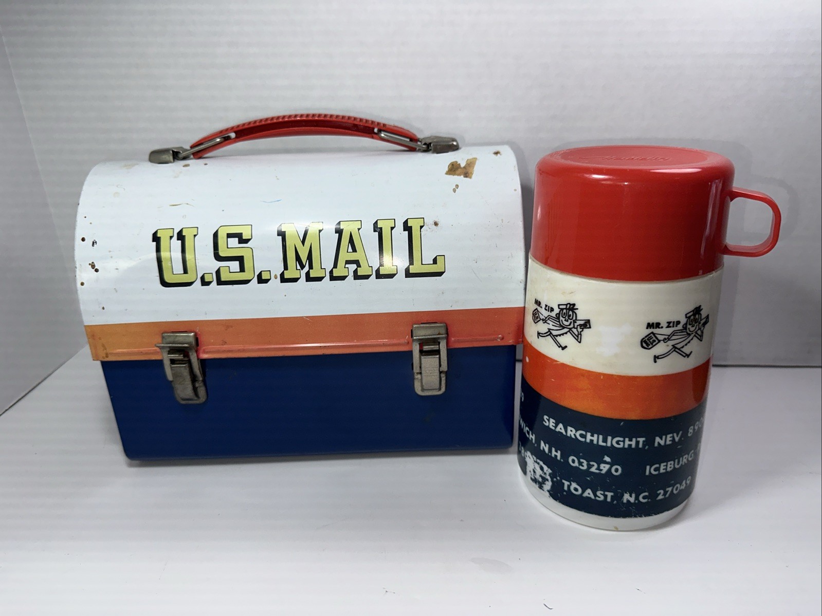 Vintage 1969 US MAIL MR ZIP Metal Dome Lunchbox Lunch Matching Thermos USPS