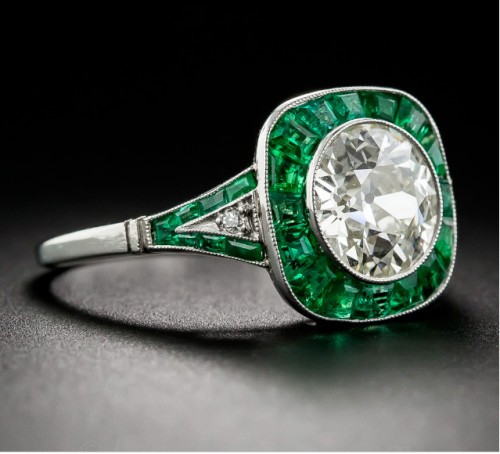 Vintage Art Deco Style Lab Created Diamond & Emerald Engagement 925 Silver Ring