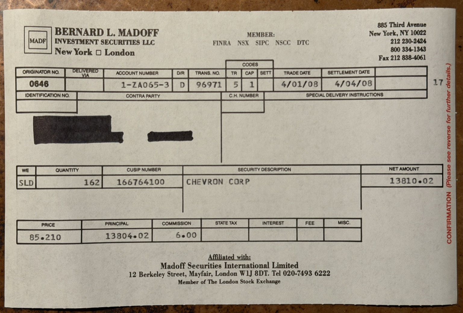 Bernard L. Madoff CHEVRON Stock Trade Execution Confirmation Slip Rare 2008