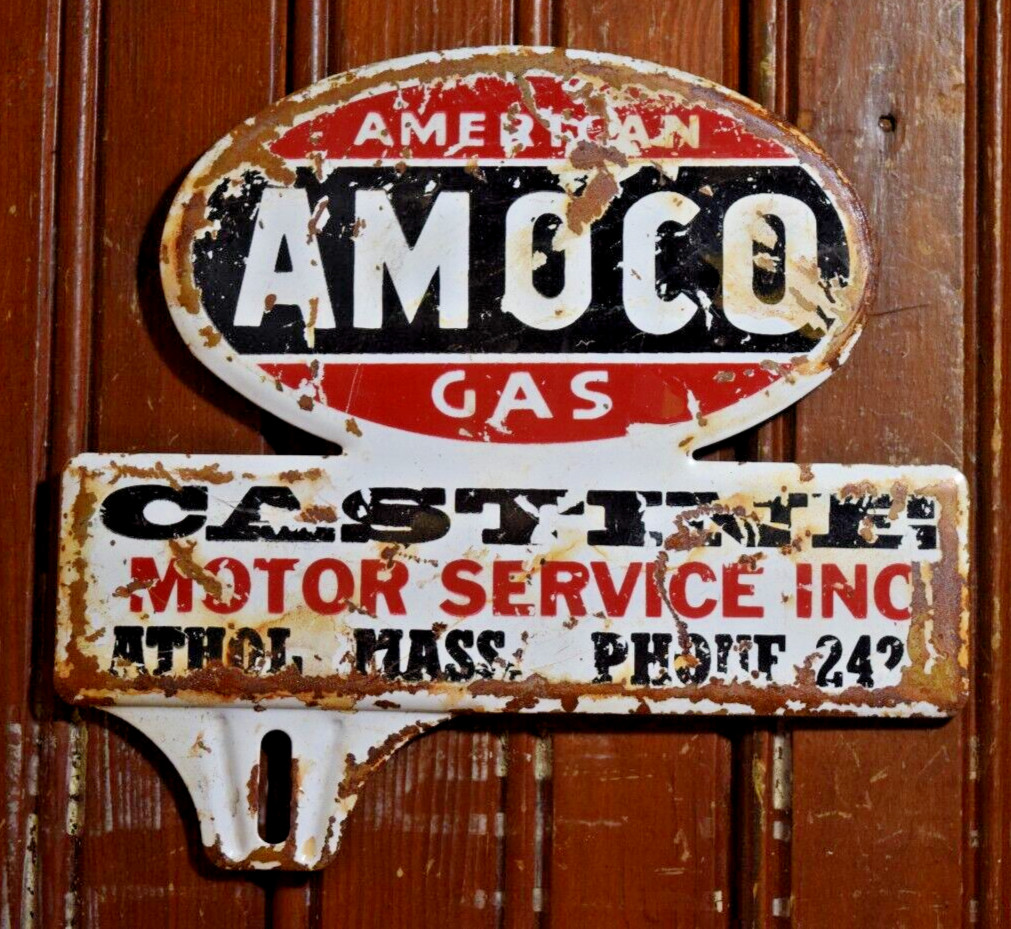 1950s AMOCO AMERICAN GAS CASTINE MOTOR STAMPED PAINTED METAL TOPPER SIGN OIL AIR