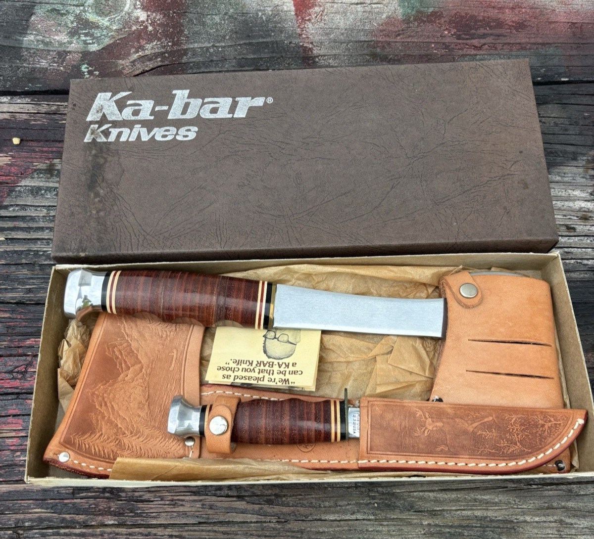Vintage 1960's KA-BAR Knife & Hatchet #1332 Set Stamped Leather Sheaths NIB