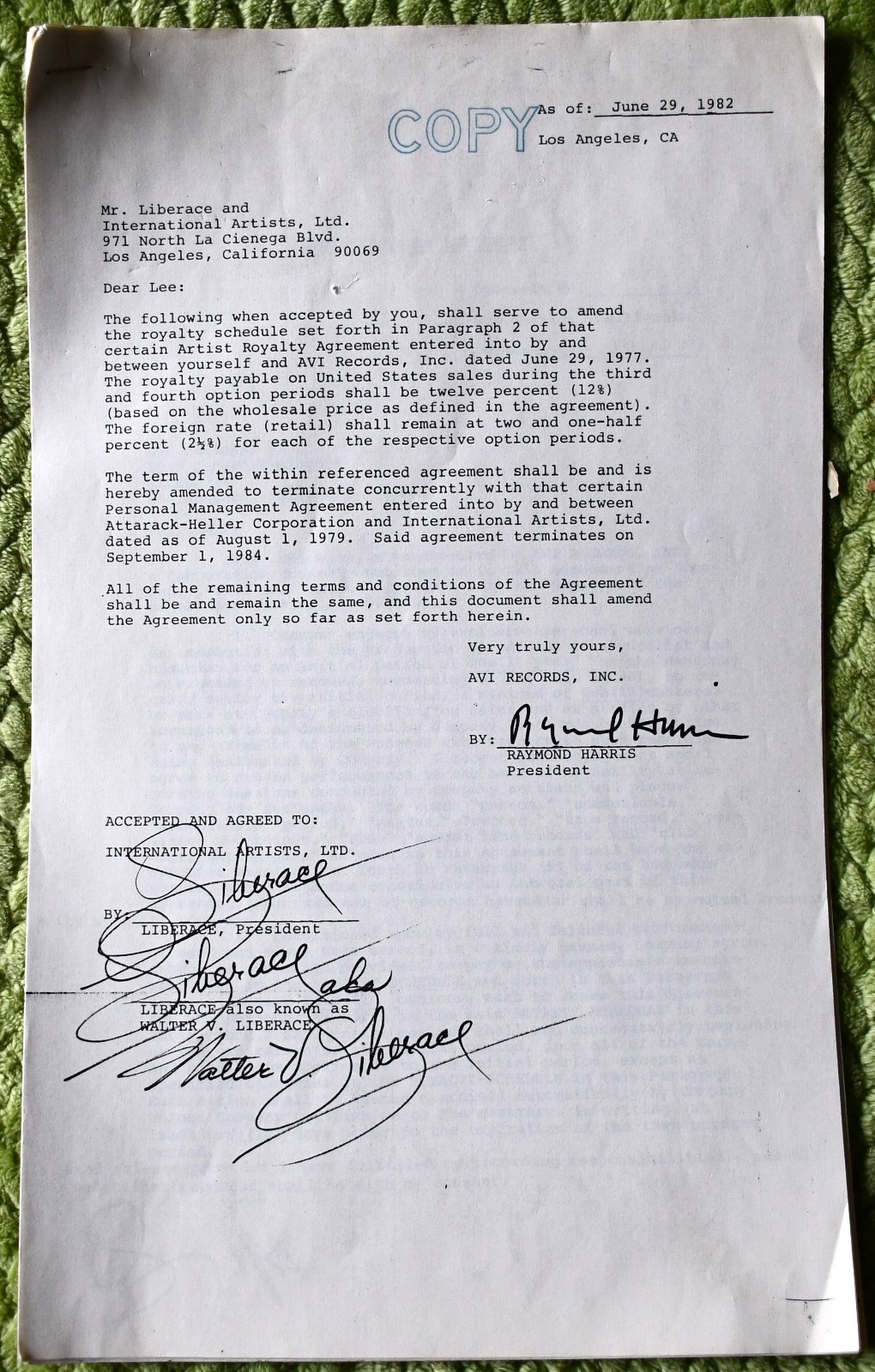 Walter V. Liberace and Raymond Harris Hand Signed Agreement Papers