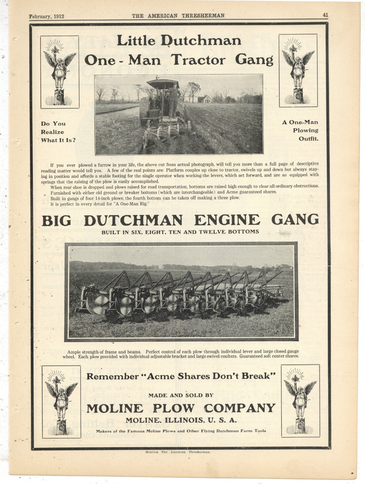 1912 Ads F&B of PGs: Moline Plow, Rumely 2 Pg. Ad, & JI Case Engine Gang Plows