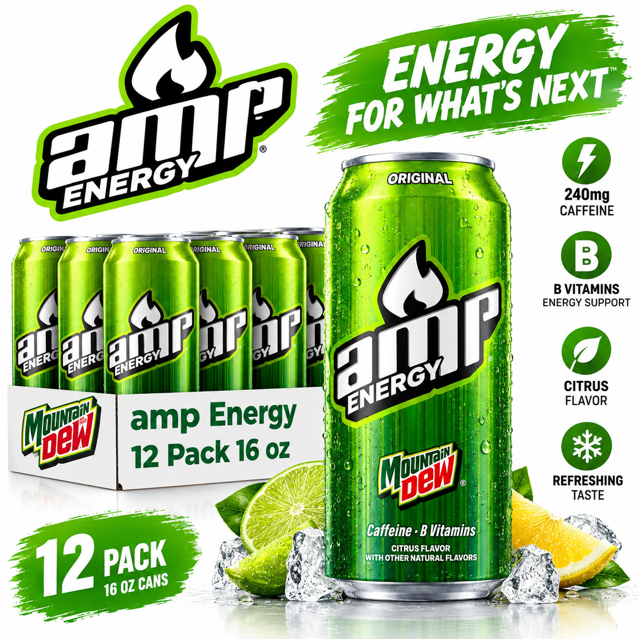 Mtn Dew AMP Energy, Original, Energy Drink Caffein, B Vitamins, 16 Oz Pack of 12