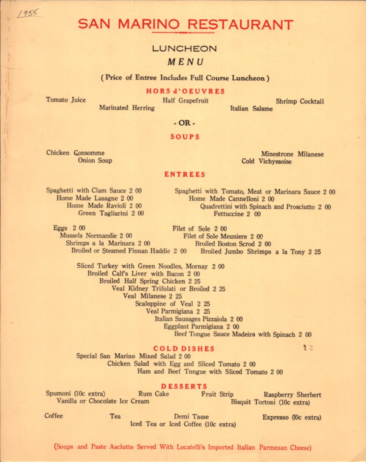 1955 SAN MARINO RESTAURANT vintage luncheon menu NEW YORK CITY 236 East 53rd St.