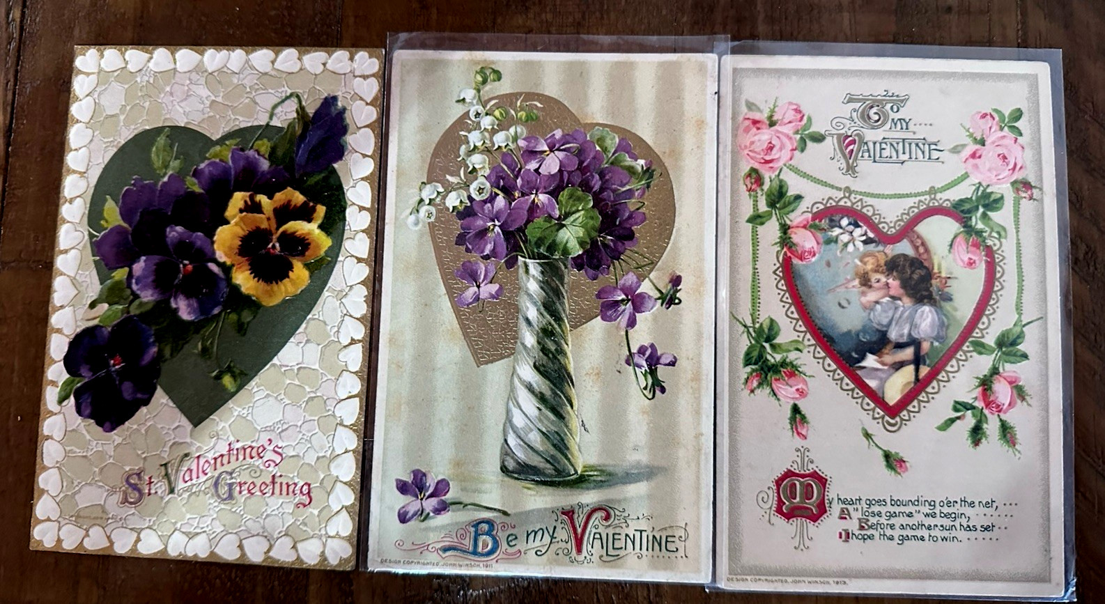 Lot of 3 ~ Winsch Valentine\'s Day Postcards with Cupid~Hearts & Flowers~p430