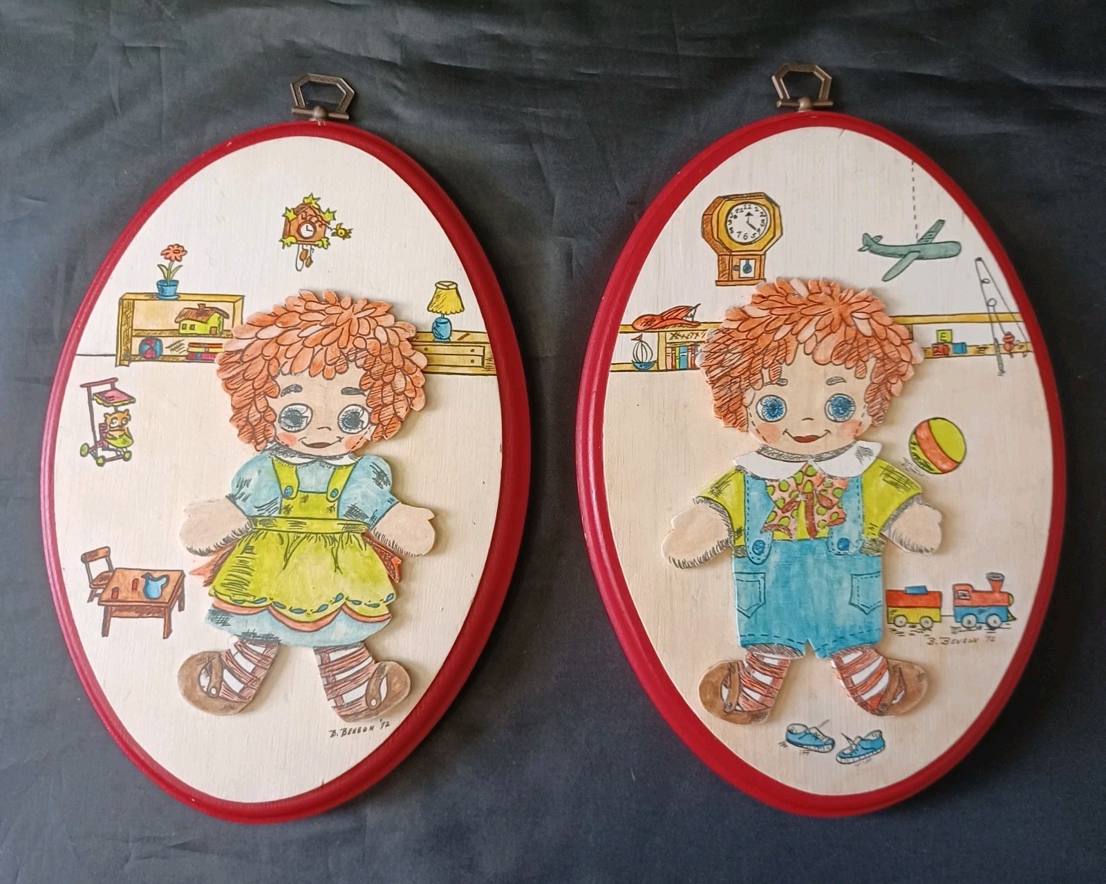 Vintage Raggety Ann & Andy 3D 1972 Hand Painted & Signed Wood Wall PLaques set 2