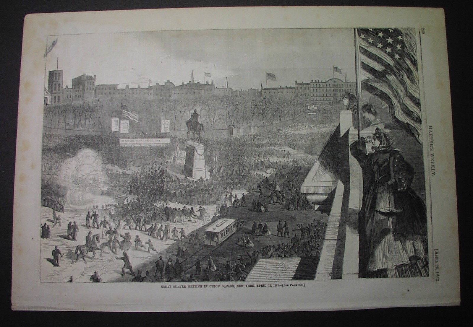 WINSLOW HOMER 1863 print - CIVIL WAR meeting in UNION SQUARE New York; Sumter