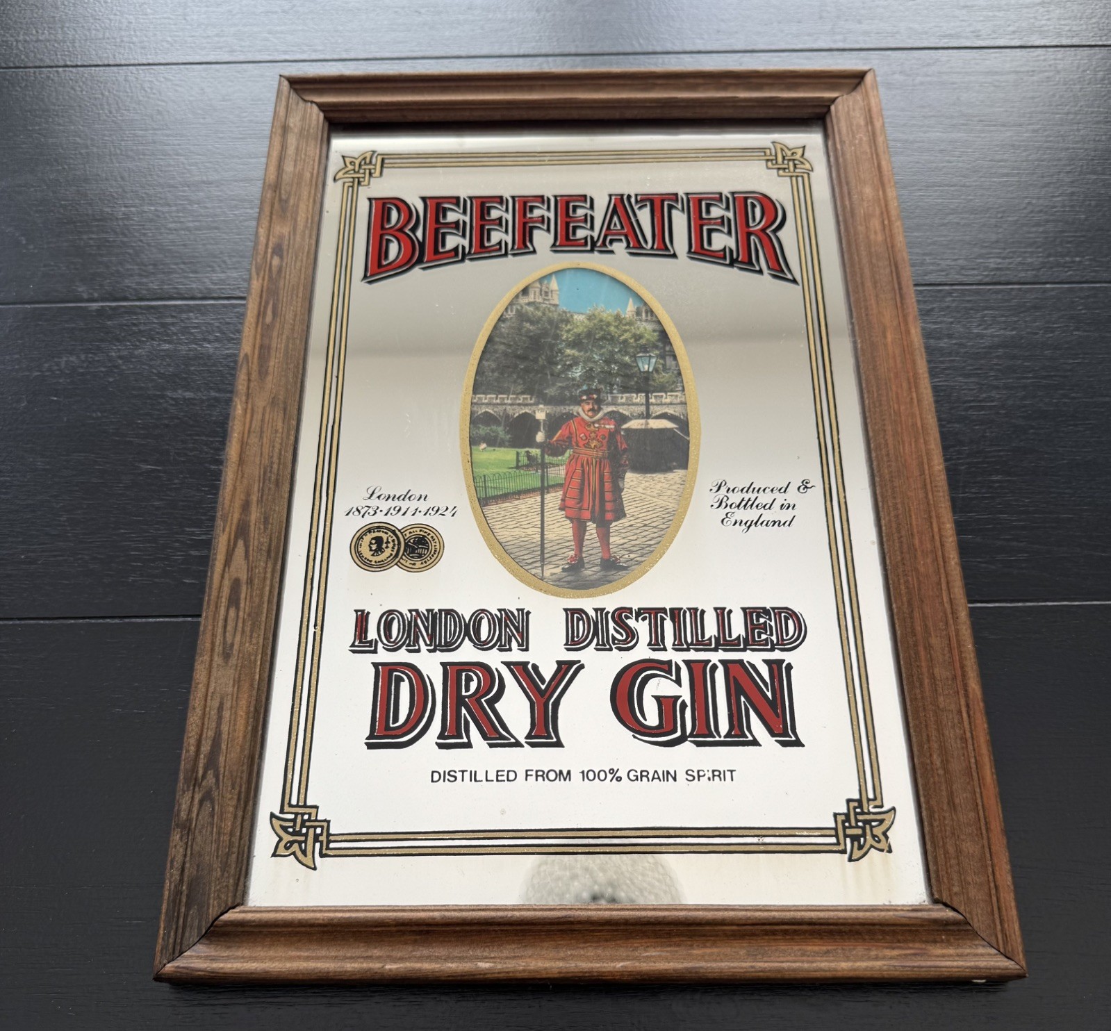 Vintage Beefeater London Dry Gin Advertising Mirror Bar Pub Sign Framed RARE Vintage Beefeater London Dry Gin Advertising Mirror Bar Pub Sign Framed RARE
