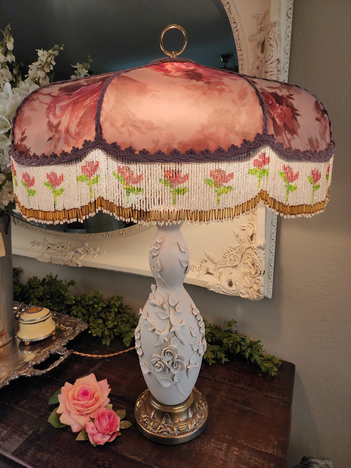 Vintage 1930 Porcelain Lamp Birds & Lg Silk Floral Shade Antique Style Silk Cord Vintage 1930 Porcelain Lamp Birds & Lg Silk Floral Shade Antique Style Silk Cord