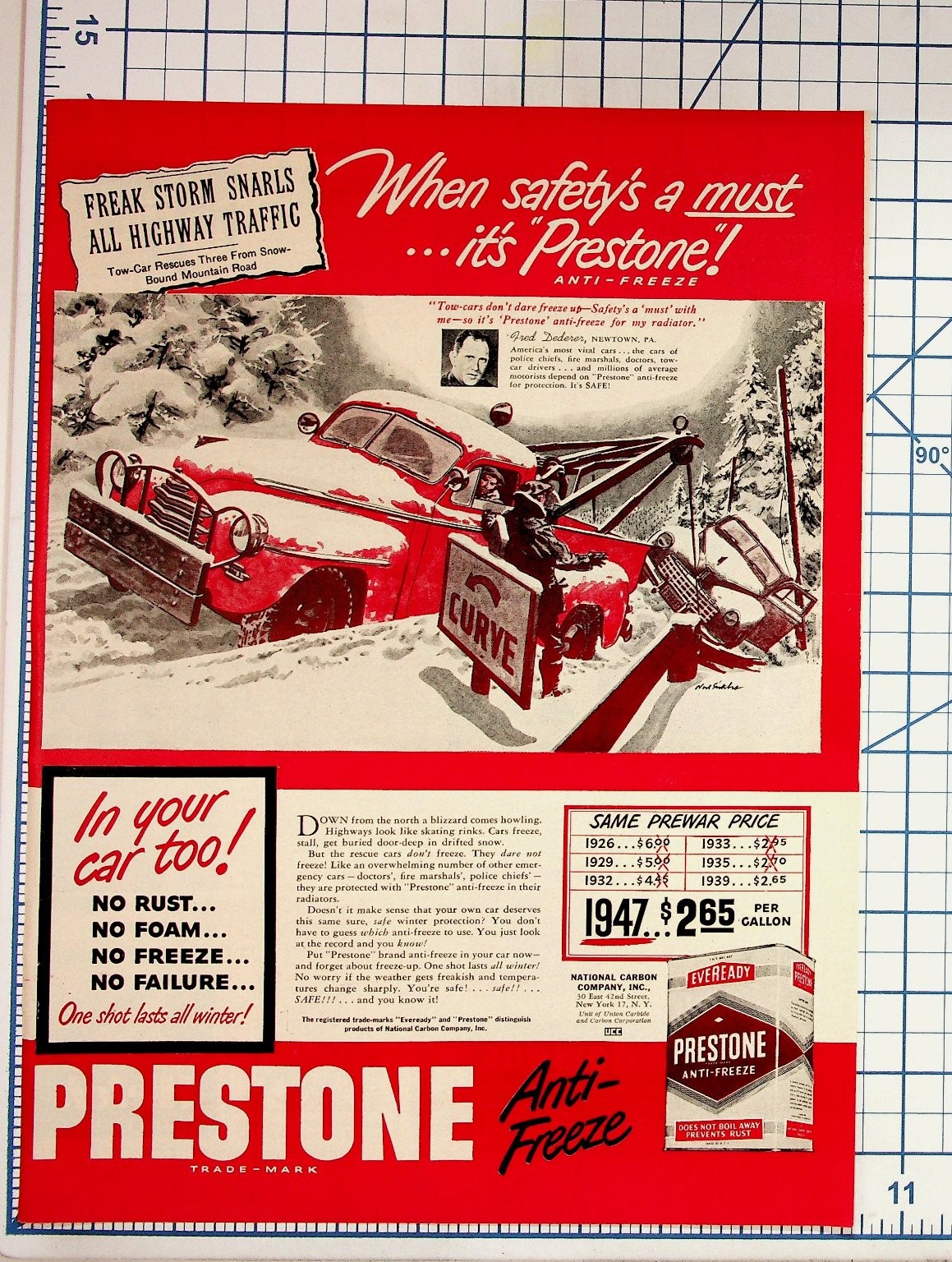 1947 Prestone Anti-Freeze Magazine Ad Vintage Car Snow Tow Truck Ephemera