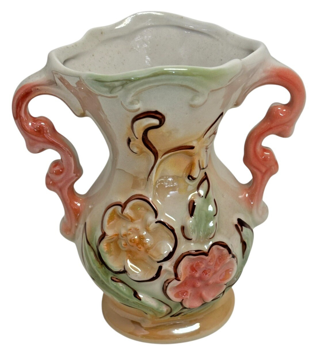 Vintage Lustreware Handled Vase Ceramic iridescent Raised Flowers 5
