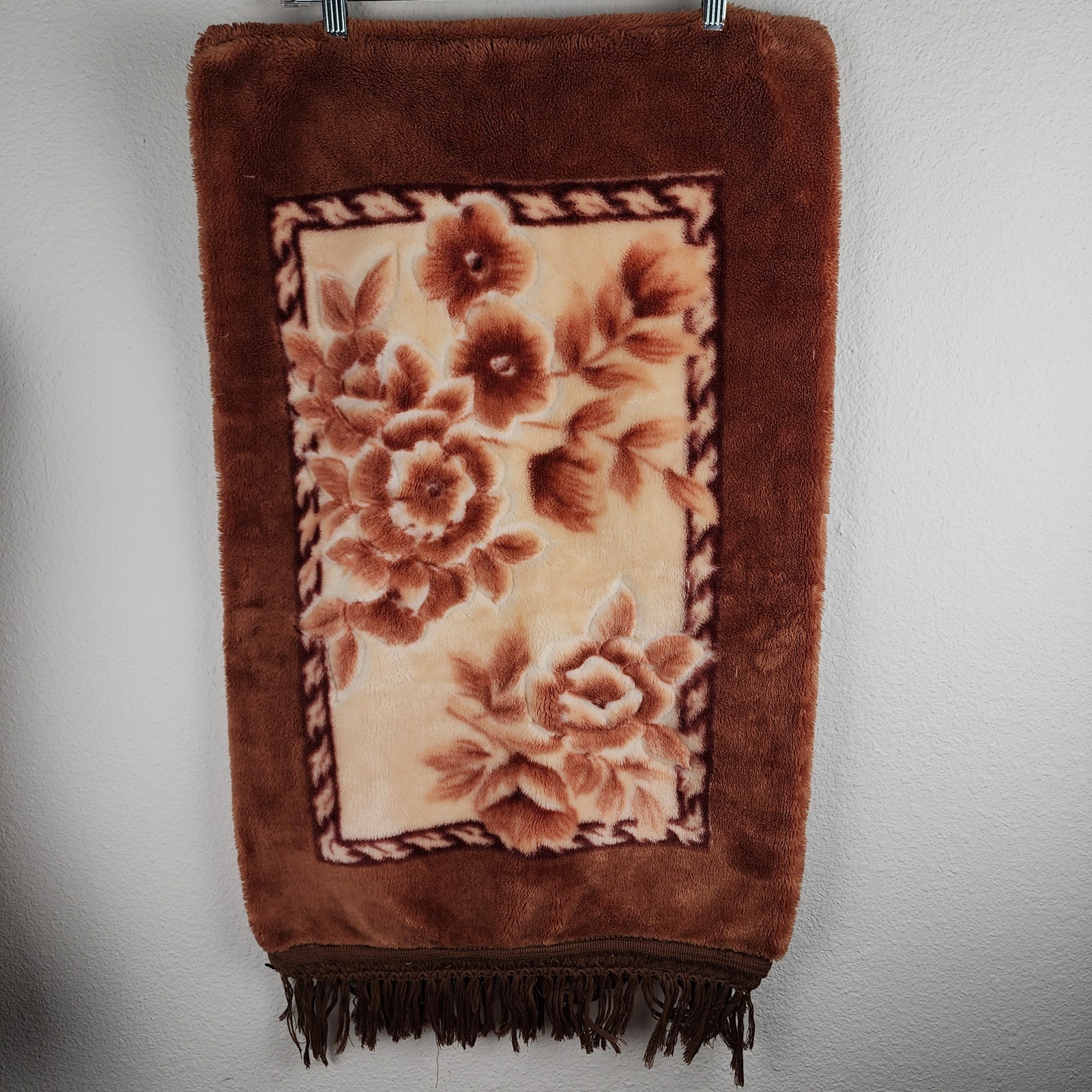 PAIR Vintage 70s 80s Plush Faux Mink Brown Cream Pillow Case Sham Floral Fringe